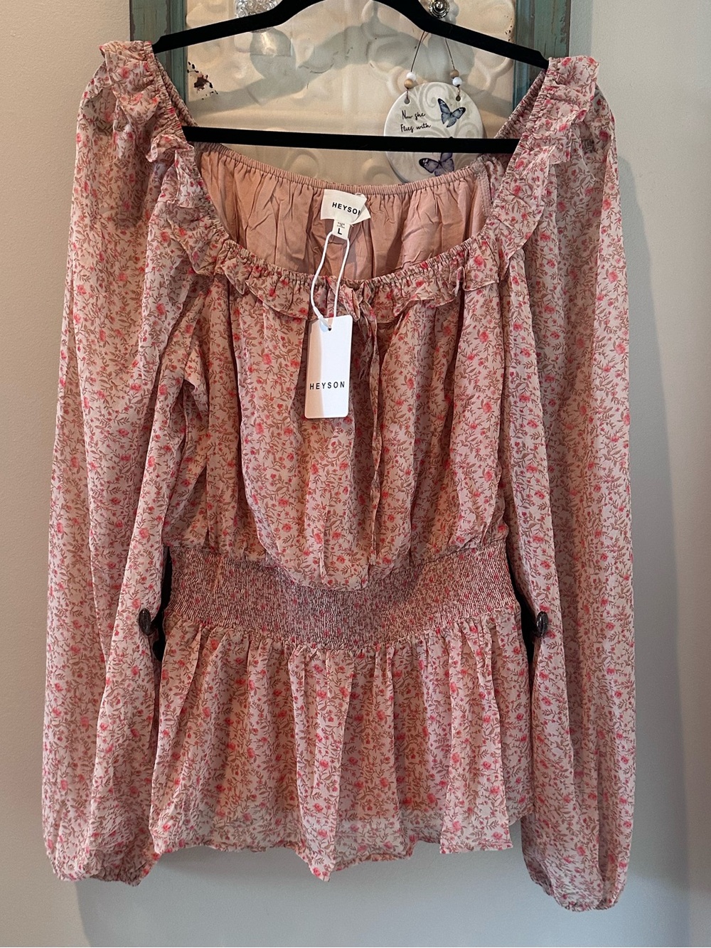 HEYSON Floral Off Shoulder Smocked Peplum Blouse – Large – NWT